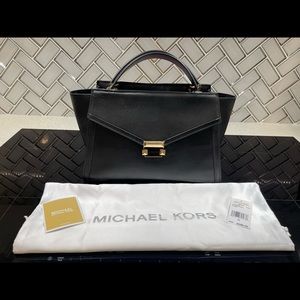 Michael Kors Top Zip Whitney in black leather & gold tone hardware